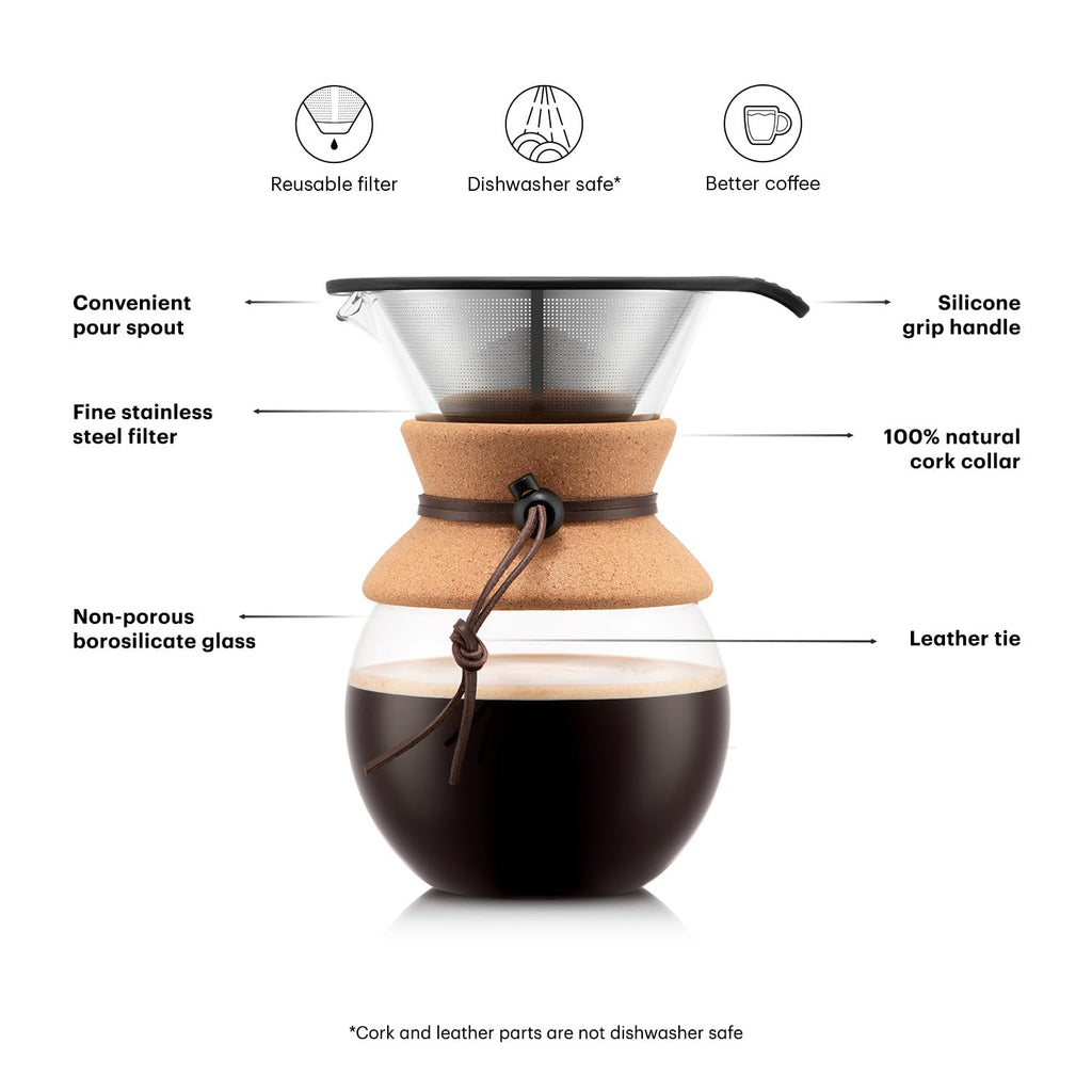 Bodum 17oz Pour Over Coffee Maker — Borosilicate Glass + Reusable Stainless Steel Filter (Cork Grip)
