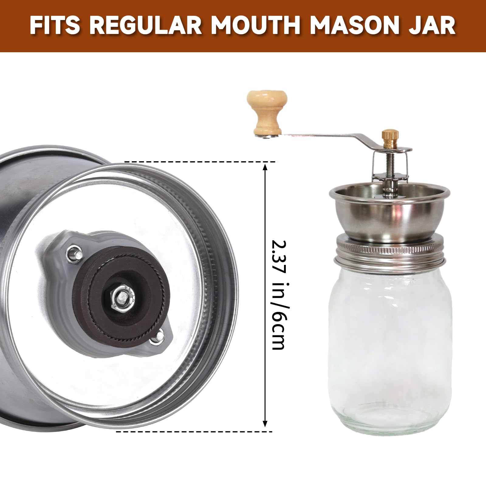 Mason Jar Coffee Grinder Lid — Manual Ceramic Burr Grinder for Wide & Regular Mouth Mason Jars