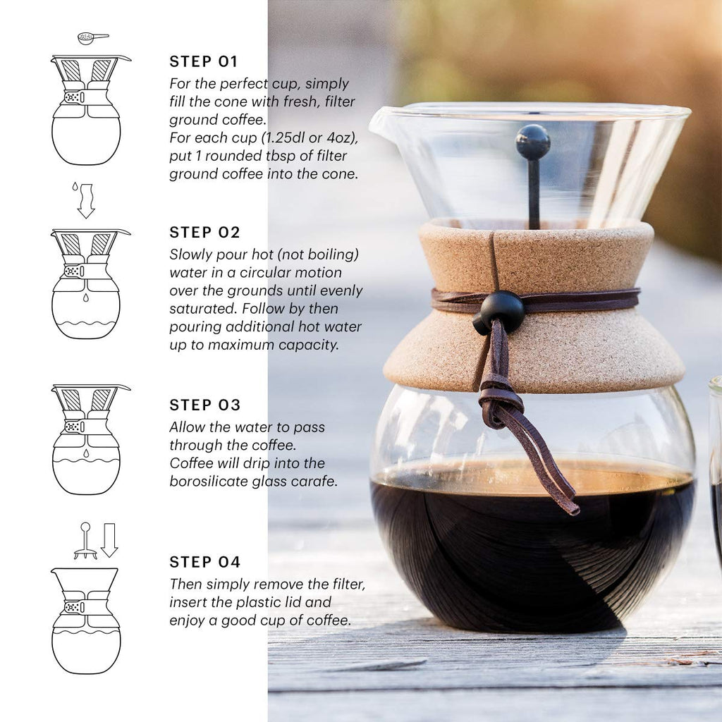 Bodum 17oz Pour Over Coffee Maker — Borosilicate Glass + Reusable Stainless Steel Filter (Cork Grip)
